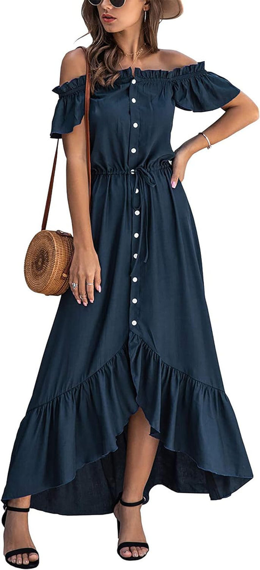 KIRUNDO Women's 2024 Summer Off Shoulder Maxi Dress Swiss Dot Short Sleeve High Waist Ruffle Tiered Flowy Long Dresses
