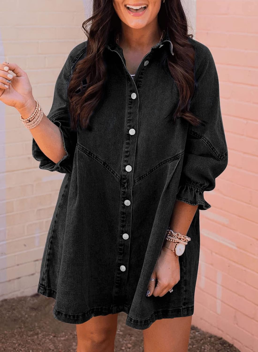 Sidefeel Womens Smocked 3 4 Sleeve Button Down Denim Jeans Dresses